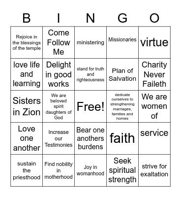 September Relief Society Bingo Card