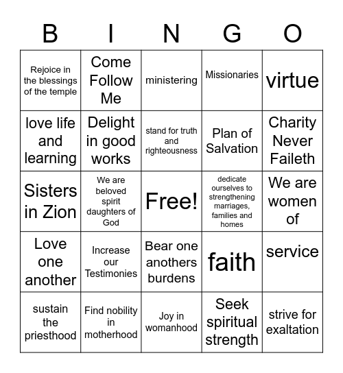 September Relief Society Bingo Card