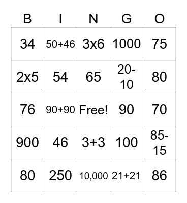 Kaili's Maths Bingo Card