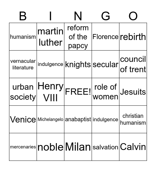 Reniassance Bingo Card