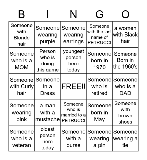 Getting to Know -- Petrucci Family Reunion  Bingo Card