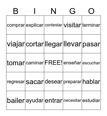 Spanish Verbs with -ar endings Bingo Card