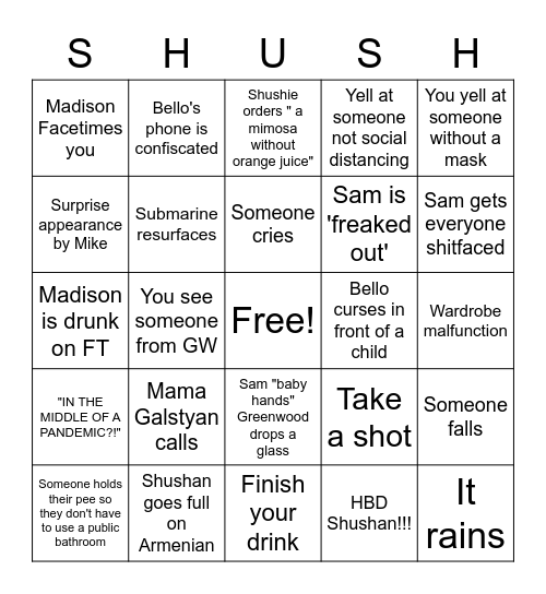 Shushan's Birthday!!! Bingo Card