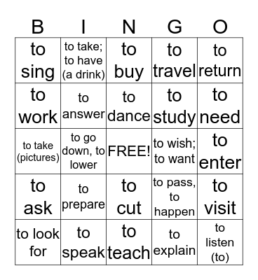 English translations for Spanish Verbs with -ar Endings Bingo Card