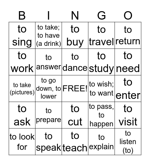 English translations for Spanish Verbs with -ar Endings Bingo Card