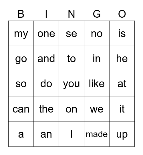 SET 1 Bingo Card