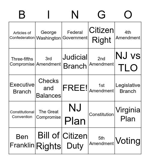 American Constitution and Civics Bingo Card