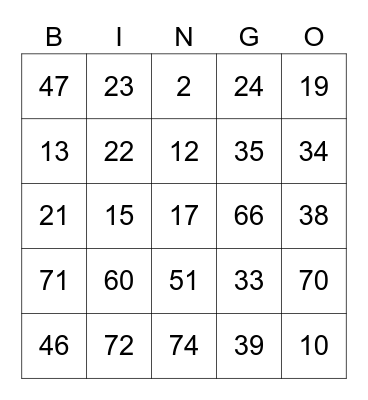 Number Bingo Card