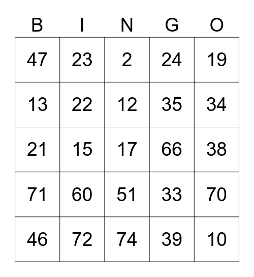 Number Bingo Card