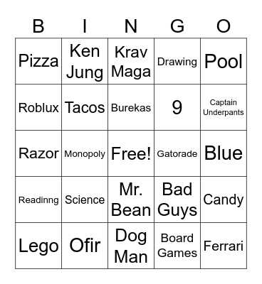 Ofir’s 9th Birthday Bingo Card