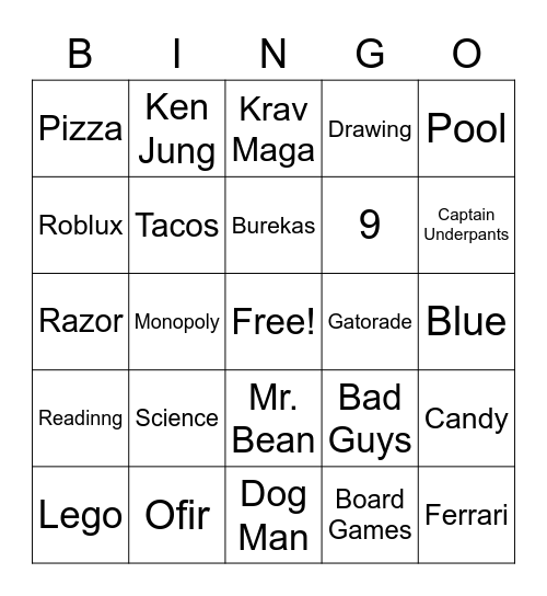 Ofir’s 9th Birthday Bingo Card