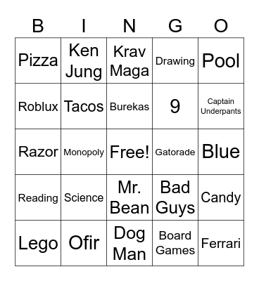 Ofir’s 9th Birthday Bingo Card