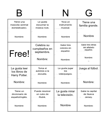 Direcciones: Habla con tus compañeros de clase, y escribe los nombres de estudiantes relevante para las descripciones.  Sólo escribe cada nombre una vez. Bingo Card