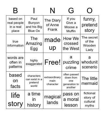 Genres of Literature Bingo Card