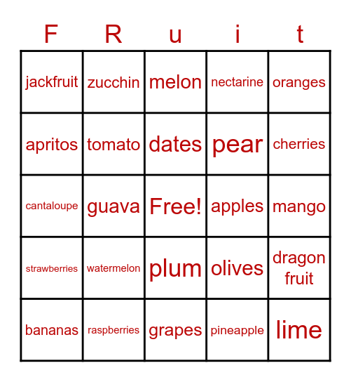Eat Fruit Bingo Card