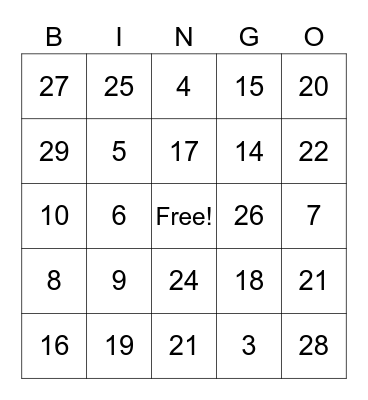 Number Patterns Bingo Card