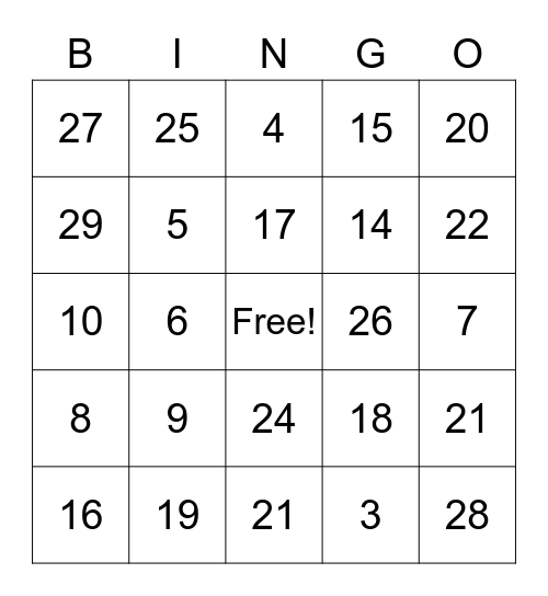 Number Patterns Bingo Card