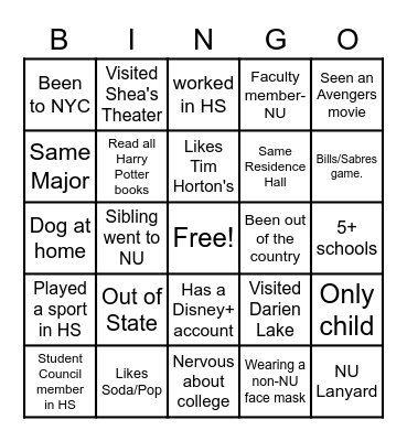 NUB 102 Bingo Card