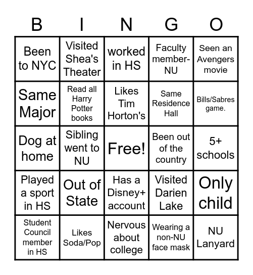 NUB 102 Bingo Card