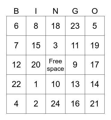 Numbers 1-24 Bingo Card
