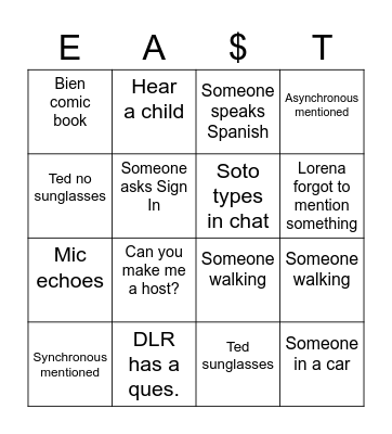 East Money Bingo Card