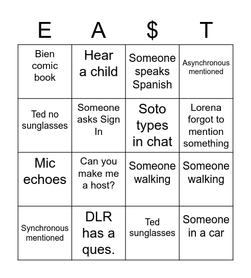 East Money Bingo Card