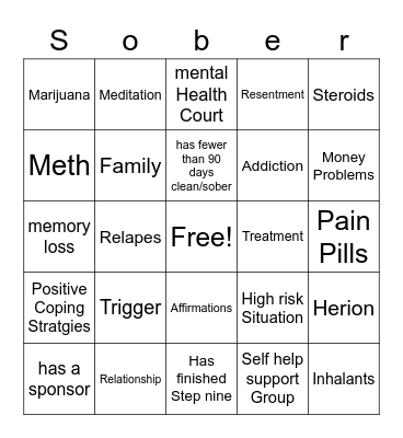 Substance Abuse Bingo Card