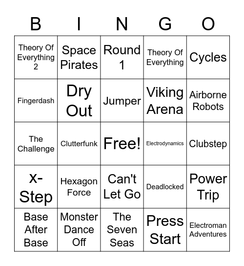 Geometry Dash Level Bingo Card