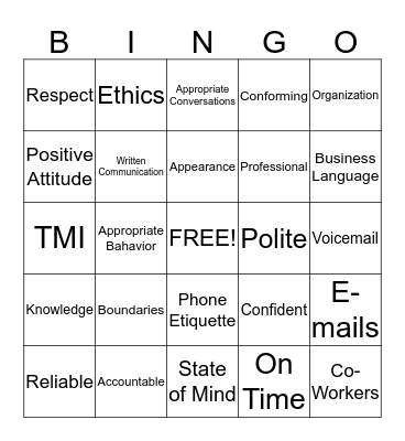 Professionalism Bingo Card