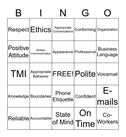 Professionalism Bingo Card