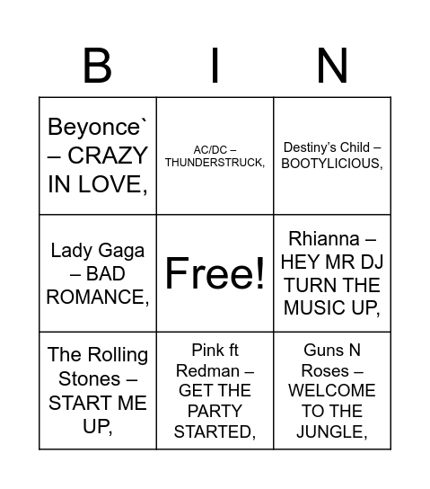 Music Bingo Round 1 Bingo Card