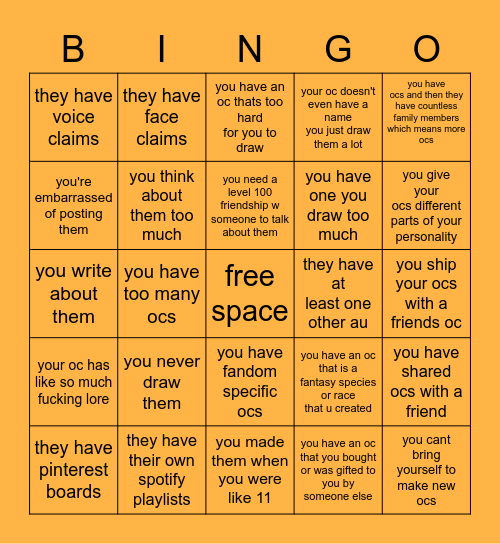 oc artist bingo Card