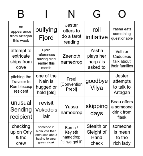 It's the Final Countdown (To TravelerCon)! *synth keyboard riff* [Critical Role 2.107] Bingo Card