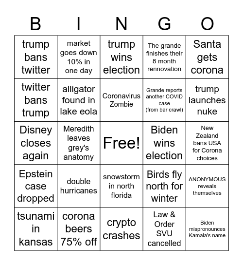 2020 August-December Bingo Card