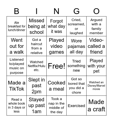 Quarantine Bingo Card