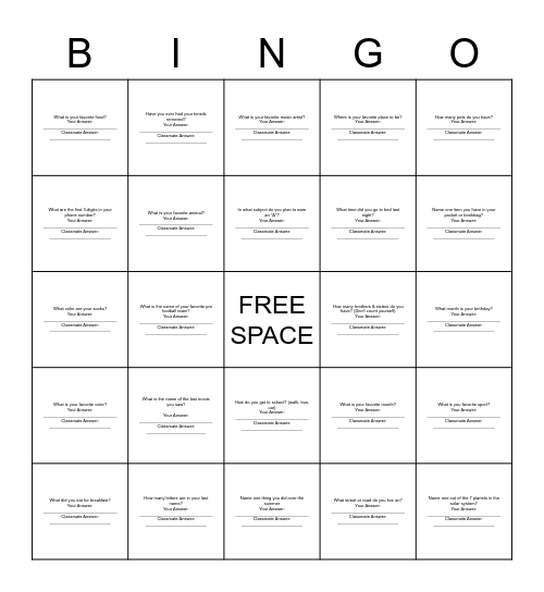 First day of school - BINGO Card