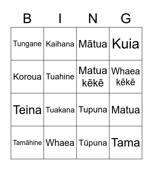 Whānau Bingo Card