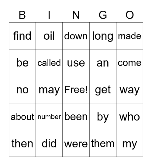 Sight Word Bingo Card