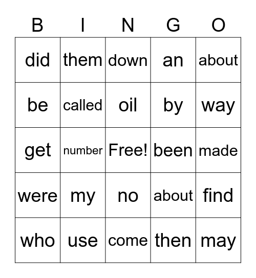 Sight Word Bingo Card