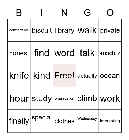 Pronunciation bingo Card