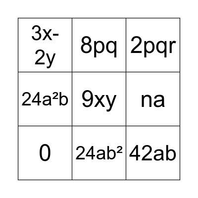 Algebra Bingo Card