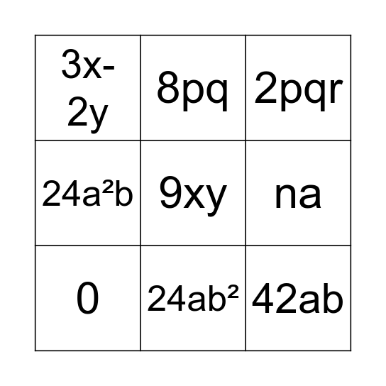 Algebra Bingo Card