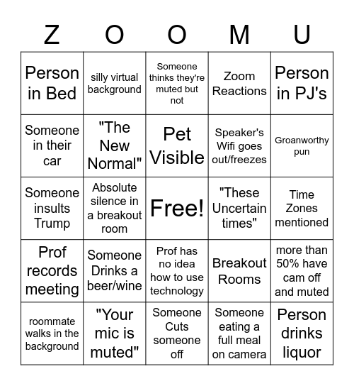 Zoom University Bingo Card