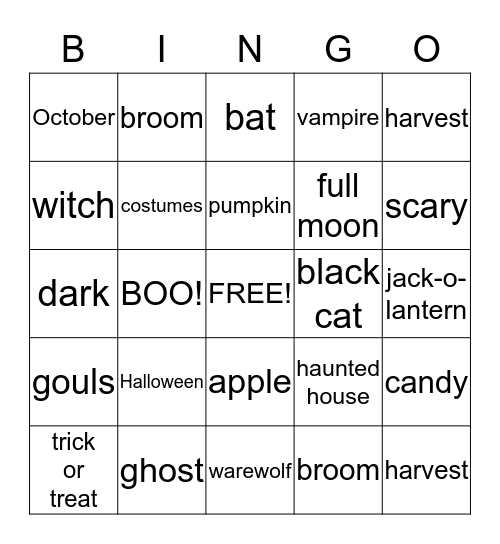 Harvest Bingo Card