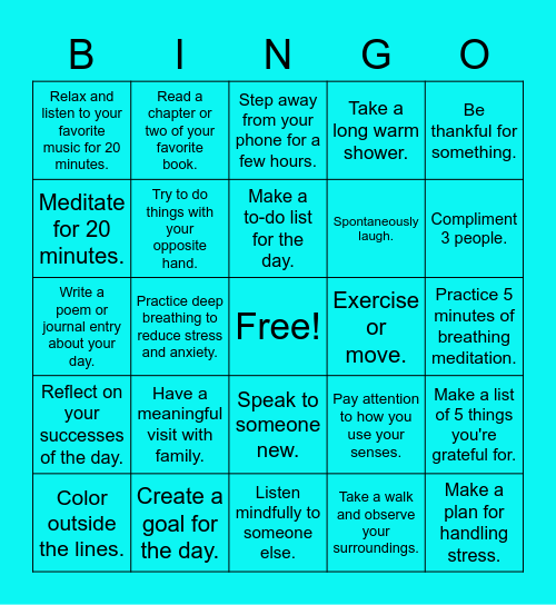 30 Day Mindfulness Challenge Bingo Card