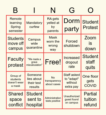 COLLEGE COVID BINGO Card