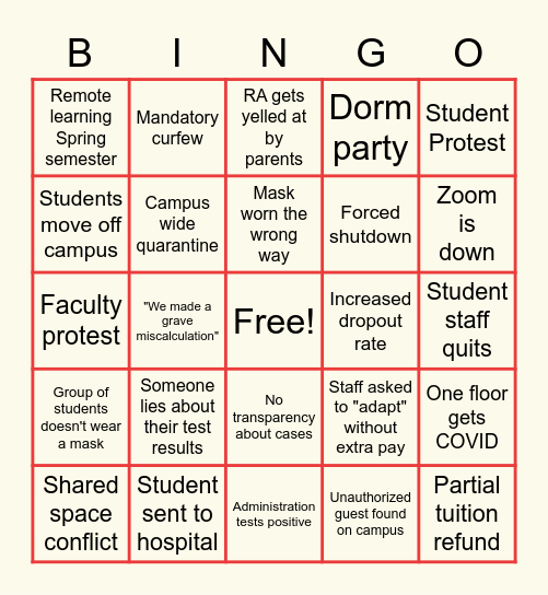 COLLEGE COVID BINGO Card