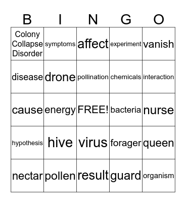 Bee Vocabulary Bingo Card