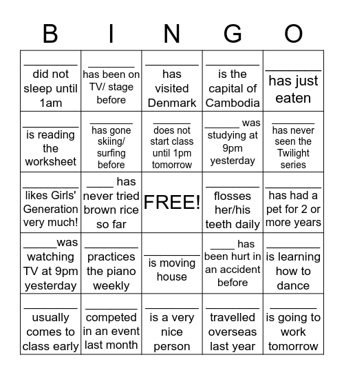 Tenses Bingo Card