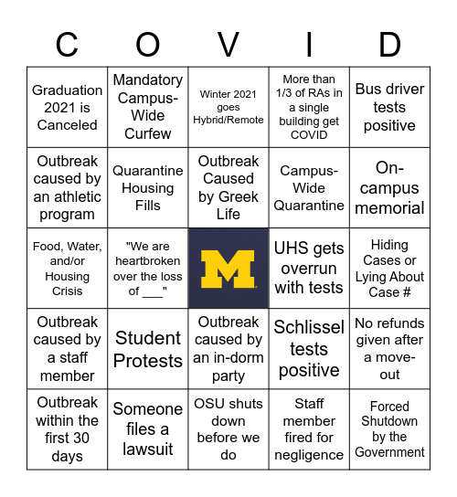 University of Michigan COVID-19 Bingo Card